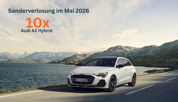 Weißer Audi A3 Hybrid fährt auf einer Straße entlang eines Sees mit Berglandschaft im Hintergrund. Im Bild eingeblendeter Text: ‚Sonderverlosung im Mai 2026 – 10× Audi A3 Hybrid‘. Weißer Audi A3 Hybrid fährt auf einer Straße entlang eines Sees mit Berglandschaft im Hintergrund. Im Bild eingeblendeter Text: ‚Sonderverlosung im Mai 2026 – 10× Audi A3 Hybrid‘.