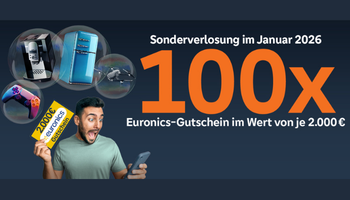 Werbebanner zur Sonderverlosung im Januar 2026: groß „100x“, darunter „Euronics-Gutschein im Wert von je 2.000 €“. Links ein überraschter Mann hält einen gelben Euronics-Gutschein und ein Smartphone; darüber Symbole möglicher Preise wie Kaffeemaschine, blauer Kühlschrank, Drohne und Game-Controller.