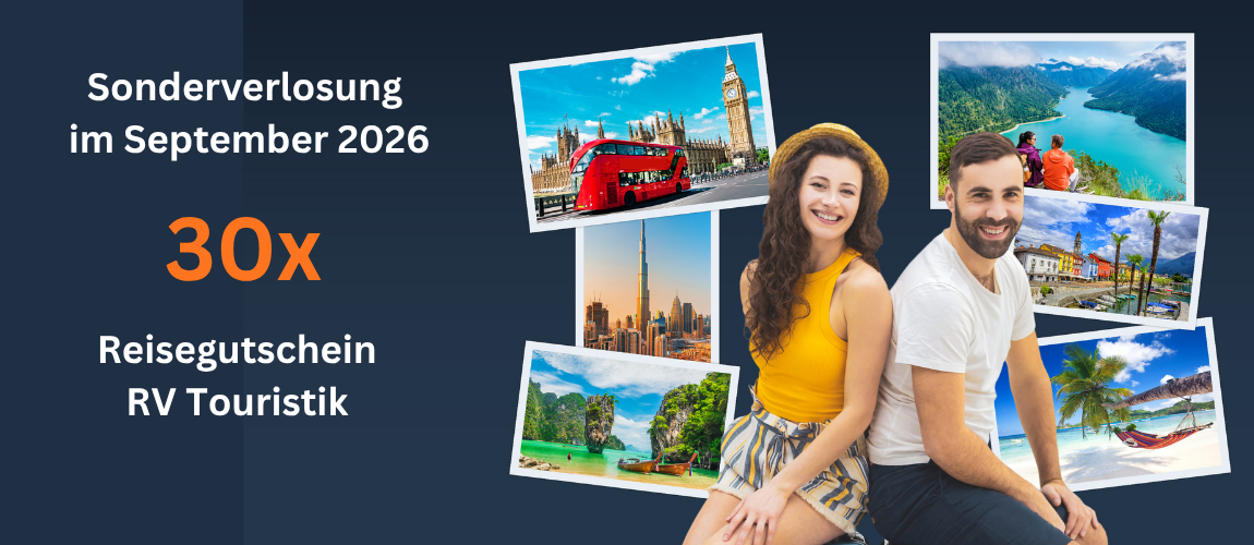 Sonderverlosung im September 2026: 30 Reisegutscheine von RV Touristik, dargestellt mit Fotos verschiedener Reiseziele und einem lächelnden Paar