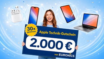30 mal Technik-Gutschein über je 2.000 € von EURONICS, gehalten von einer jubelnden Frau mit Apple Produkten im Hintergrund.