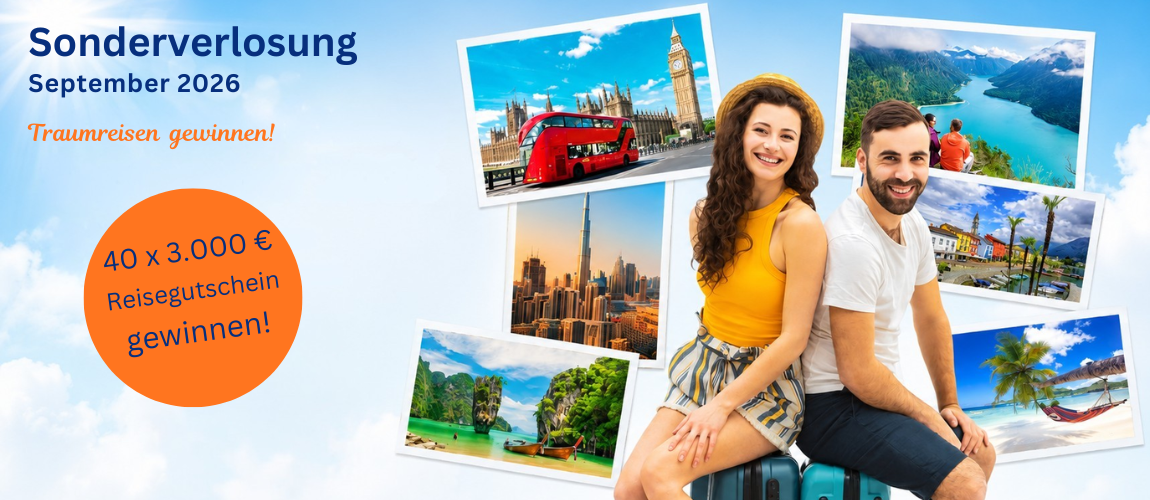 Sonderverlosung im September 2026: 40 Reisegutscheine von RV Touristik im Wert von je 3.000€, dargestellt mit Fotos verschiedener Reiseziele und einem lächelnden Paar Sonderverlosung im September 2026: 40 Reisegutscheine von RV Touristik im Wert von je 3.000€, dargestellt mit Fotos verschiedener Reiseziele und einem lächelnden Paar
