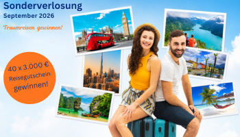 Bildbeschreibung: Sonderverlosung im September 2026: 40 Reisegutscheine von RV Touristik im Wert von je 3.000€, dargestellt mit Fotos verschiedener Reiseziele und einem lächelnden Paar. Bildbeschreibung: Sonderverlosung im September 2026: 40 Reisegutscheine von RV Touristik im Wert von je 3.000€, dargestellt mit Fotos verschiedener Reiseziele und einem lächelnden Paar.