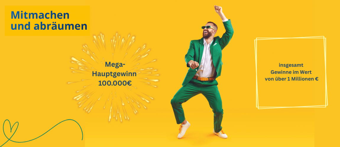 Ein Mann in grünem Anzug und Sonnenbrille tanzt fröhlich. Links steht in blauer Schrift ‚Mitmachen und abräumen‘, daneben eine gelbe Sternenform mit der Aufschrift ‚Mega-Hauptgewinn 100.000 €‘. Rechts wird mit Text auf Gewinne im Wert von über 1 Million Euro hingewiesen. Ein Mann in grünem Anzug und Sonnenbrille tanzt fröhlich. Links steht in blauer Schrift ‚Mitmachen und abräumen‘, daneben eine gelbe Sternenform mit der Aufschrift ‚Mega-Hauptgewinn 100.000 €‘. Rechts wird mit Text auf Gewinne im Wert von über 1 Million Euro hingewiesen.