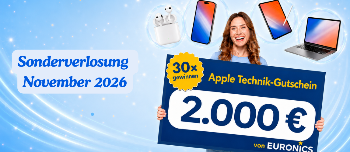 Werbebanner zur Sonderverlosung November 2026: Eine Frau hält einen Gutschein über 2.000 Euro für Apple-Technik von Euronics. Darüber sind AirPods, ein Smartphone, ein Tablet und ein Laptop abgebildet. 30 Gutscheine werden verlost.
